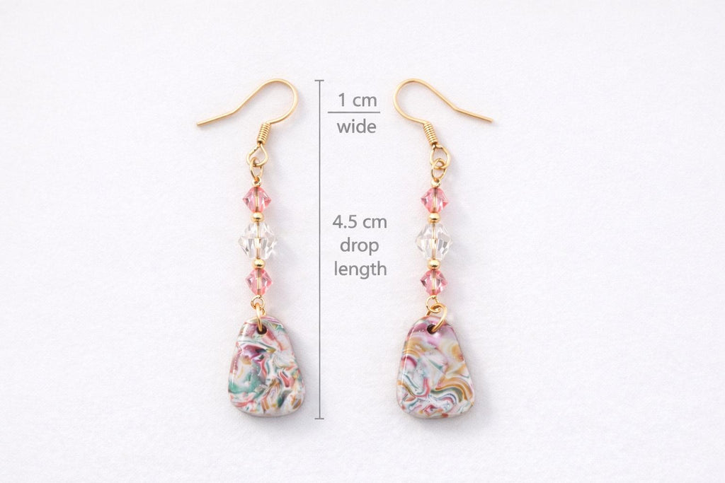 Austrian Crystal & Polymer Clay Drop Earrings – Pink & White Handcrafted Dangles