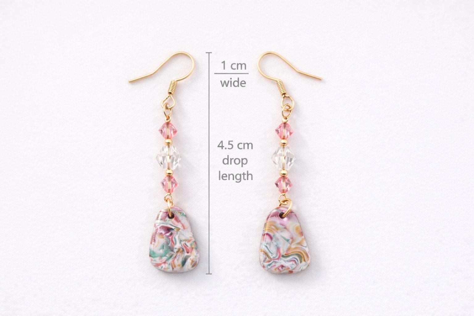 Austrian Crystal & Polymer Clay Drop Earrings – Pink & White Handcrafted Dangles