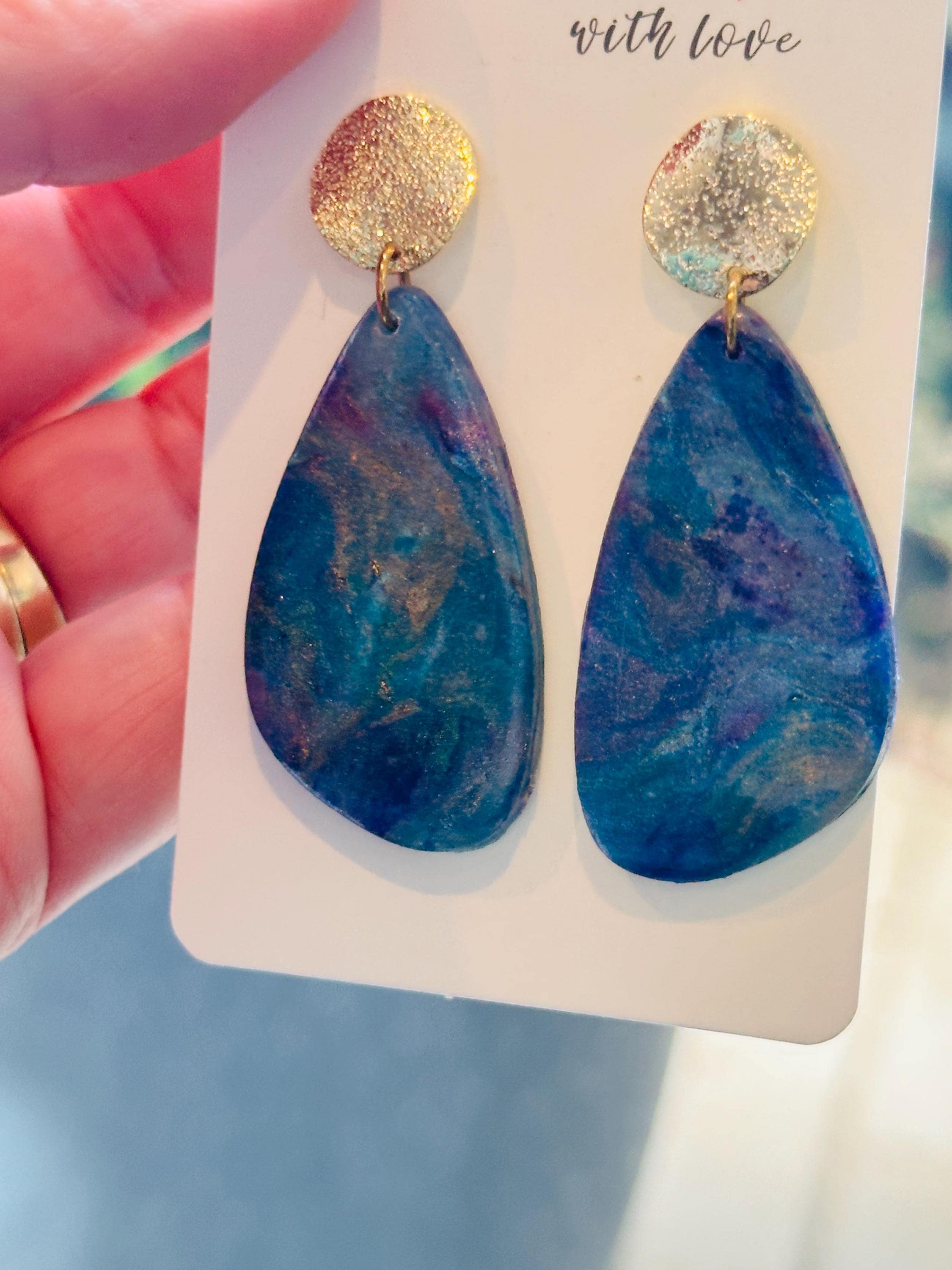 Blue, Purple & Gold Alcohol Ink Teardrop Polymer Clay Earrings – Gold-Filled Hammered Studs, Handmade
