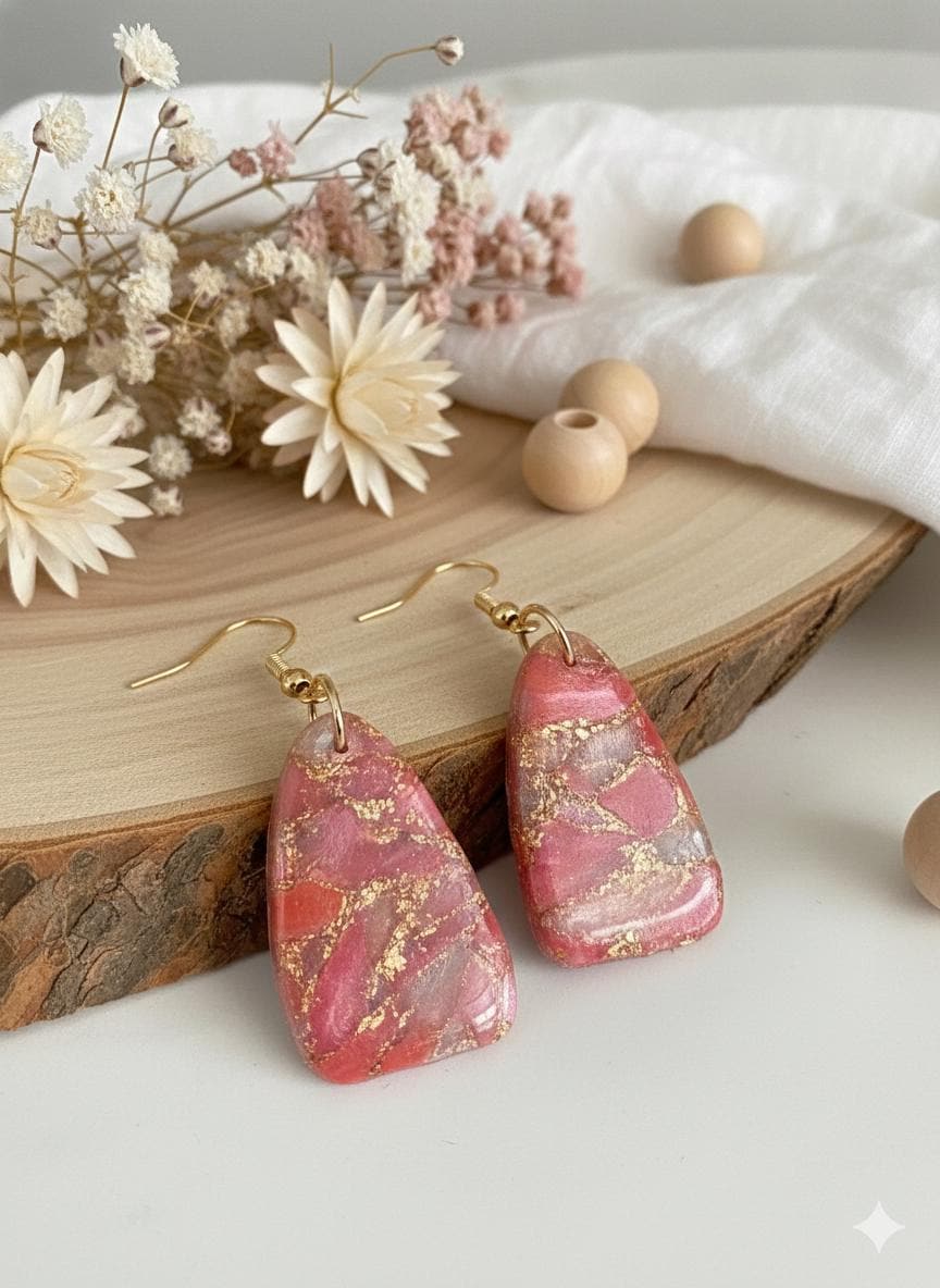 Pink Marble Polymer Clay Dangle Earrings – Gold-Filled Shepherd Hooks, Handmade