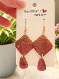 Pink & Gold Marble Two-Tier Polymer Clay Drop Earrings – Gold Fish Hook, Handmade