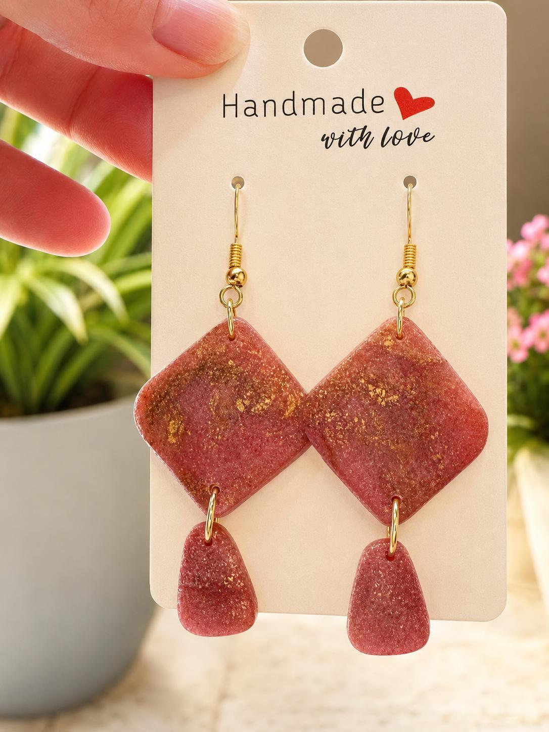 Pink & Gold Marble Two-Tier Polymer Clay Drop Earrings – Gold Fish Hook, Handmade