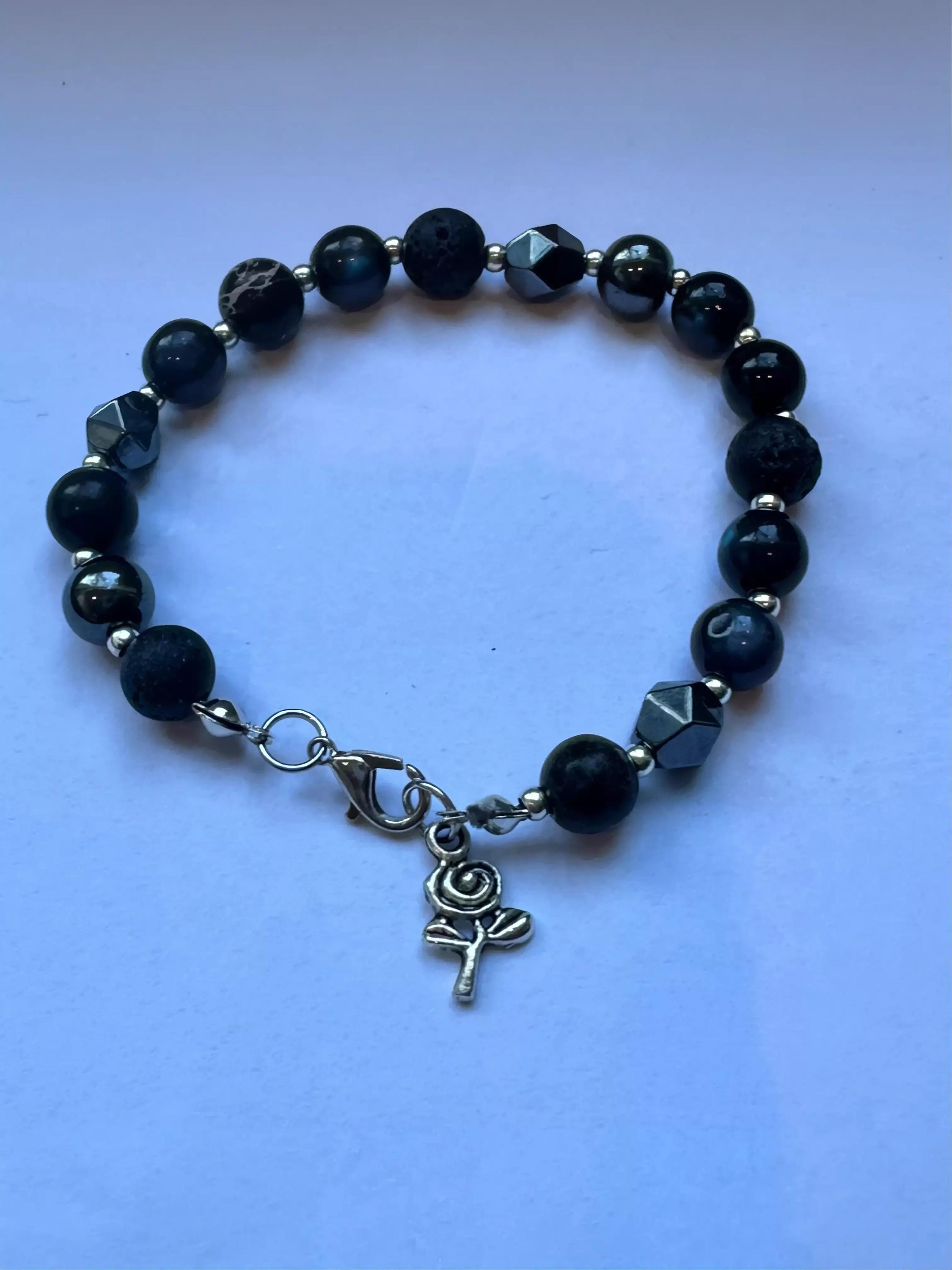 Protection Bracelet: Cat Eye, Hematite, Obsidian, Lava Stone, Black Silver Beads