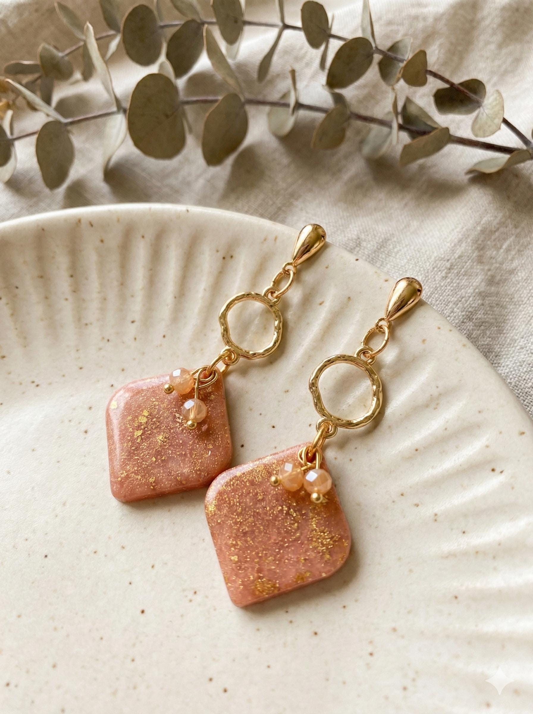 Champagne Gold Polymer Clay Earrings - Gold Crystal Drop Design