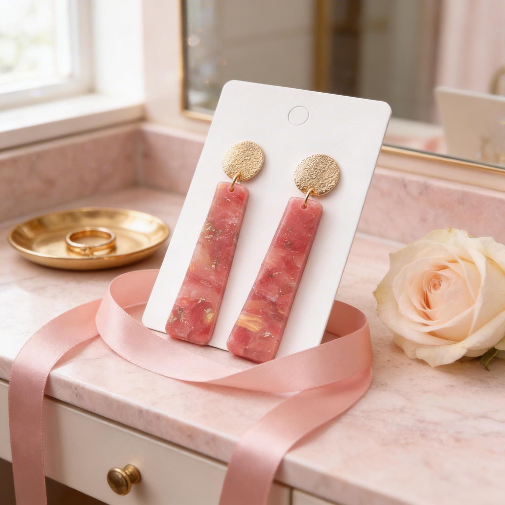 Rose Pink Marble Polymer Clay Drop Earrings | Gold Filled Textured Studs, Statement Jewellery