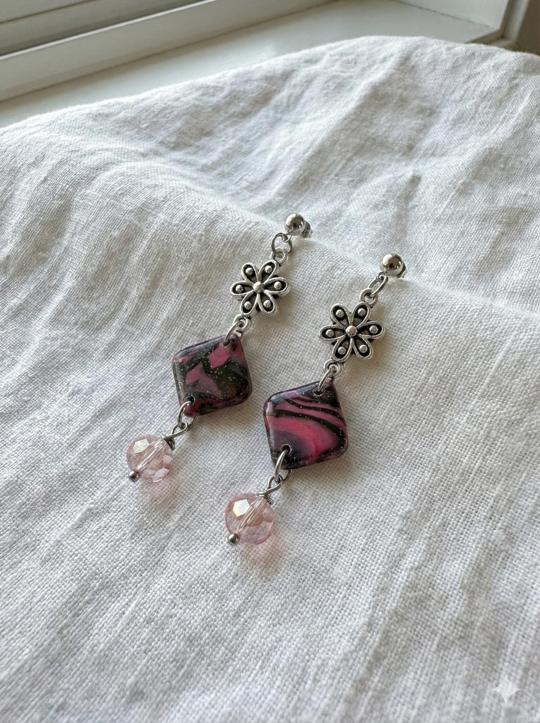 Pink and Black Flower Earrings: Handmade Polymer Clay with Crystals, silver plated studs