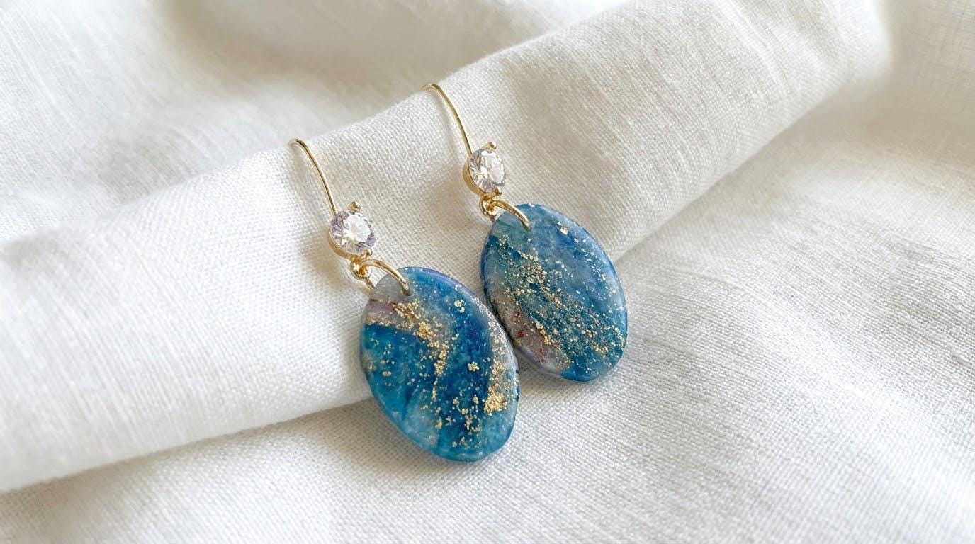 Opal-Inspired Blue & Gold Fleck Polymer Clay Earrings – Gold-Filled Zircon Hooks, Handmade
