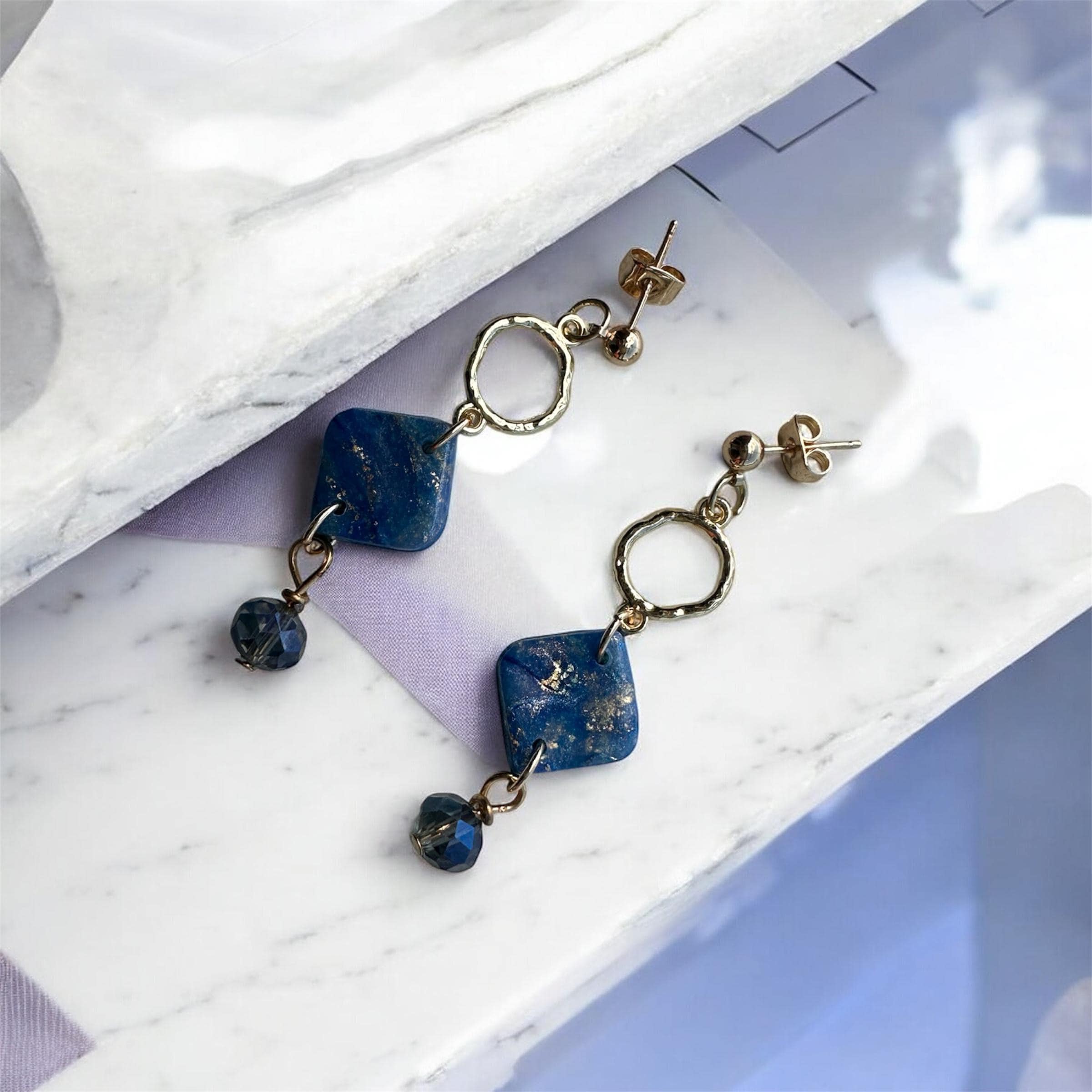 Blue Faux Stone & Gold Flake Crystal Drop Earrings – Handcrafted Boho Luxe