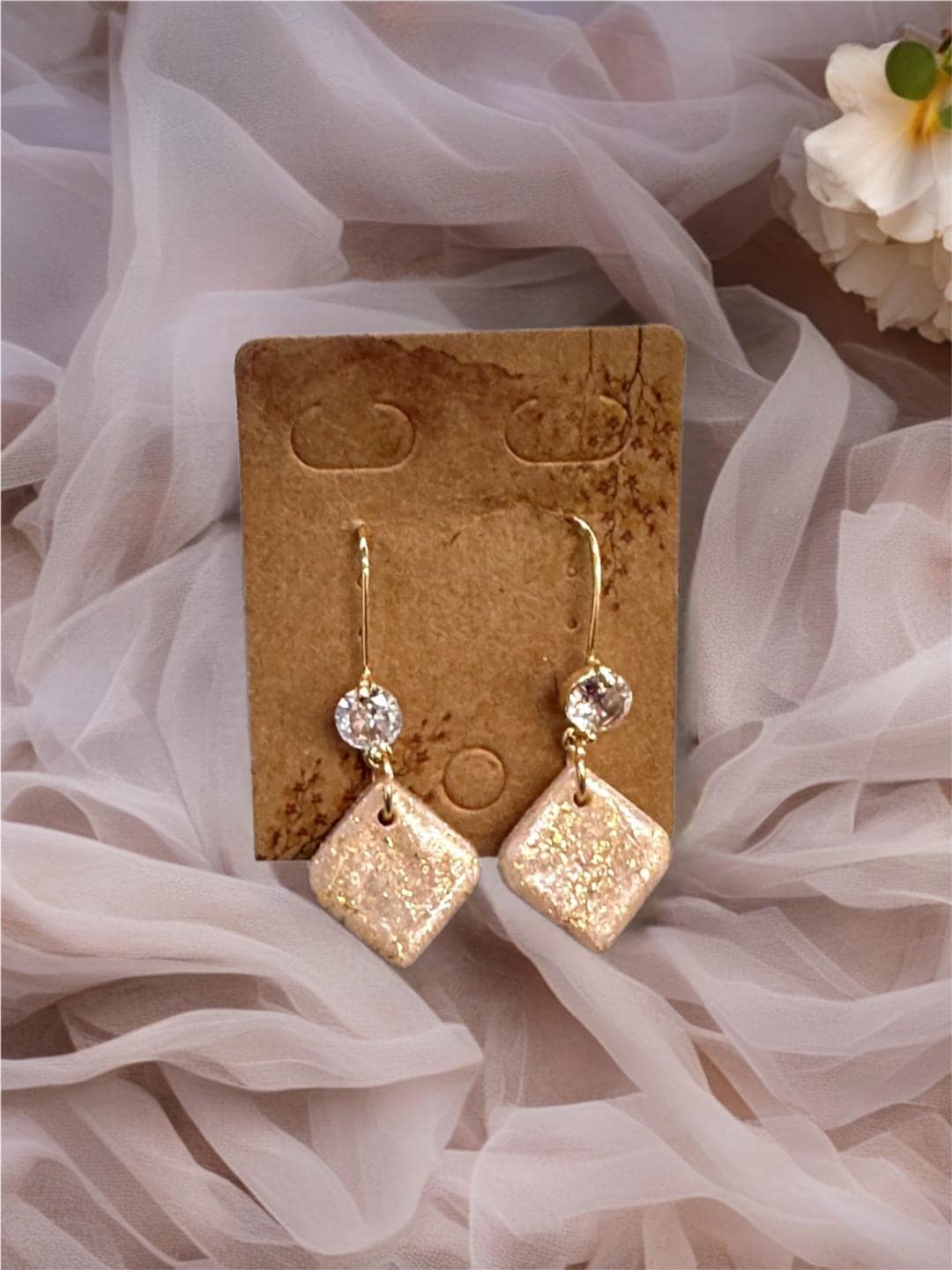 Champagne Diamond-Shape Polymer Clay Drop Earrings – Gold-Filled Hooks, Handmade