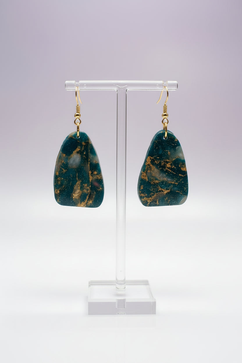 Deep Teal & Gold Marble Drop Earrings – Handmade Polymer Clay