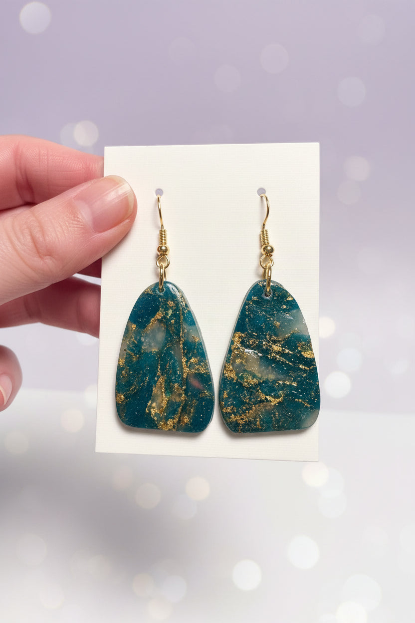 Deep Teal & Gold Marble Drop Earrings – Handmade Polymer Clay