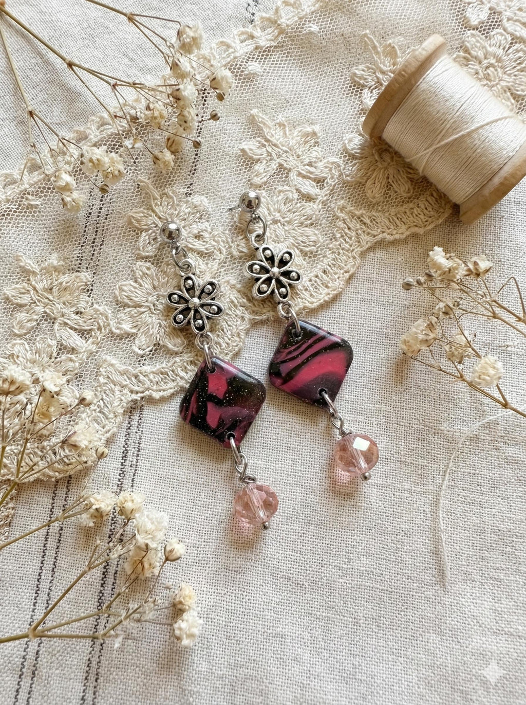 Pink and Black Flower Earrings: Handmade Polymer Clay with Crystals, silver plated studs