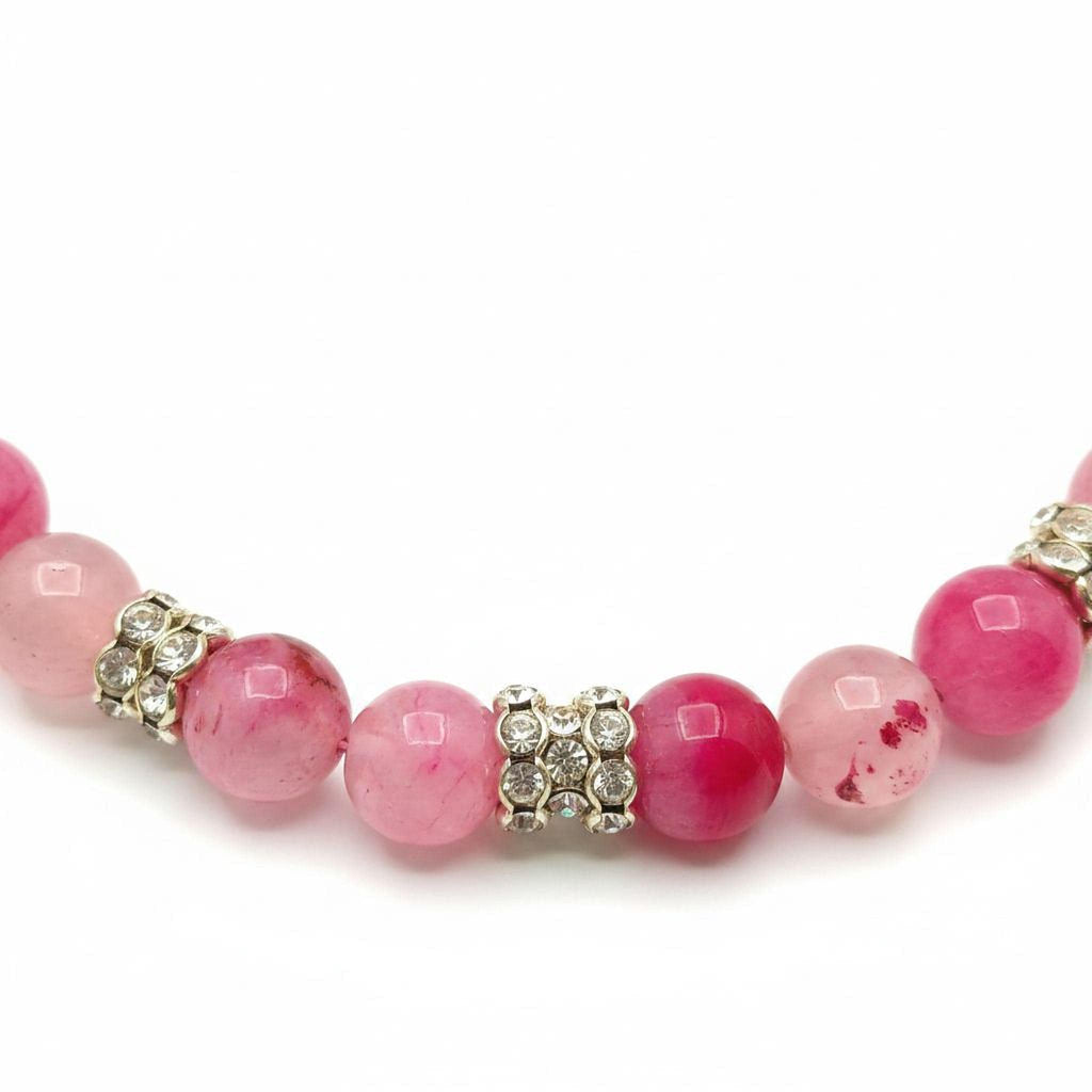 Pink Agate Beaded Necklace, Silver Rhinestone Spacers (Handmade Boho, 54cm)