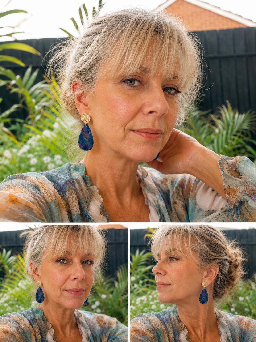 Blue, Purple & Gold Alcohol Ink Teardrop Polymer Clay Earrings – Gold-Filled Hammered Studs, Handmade