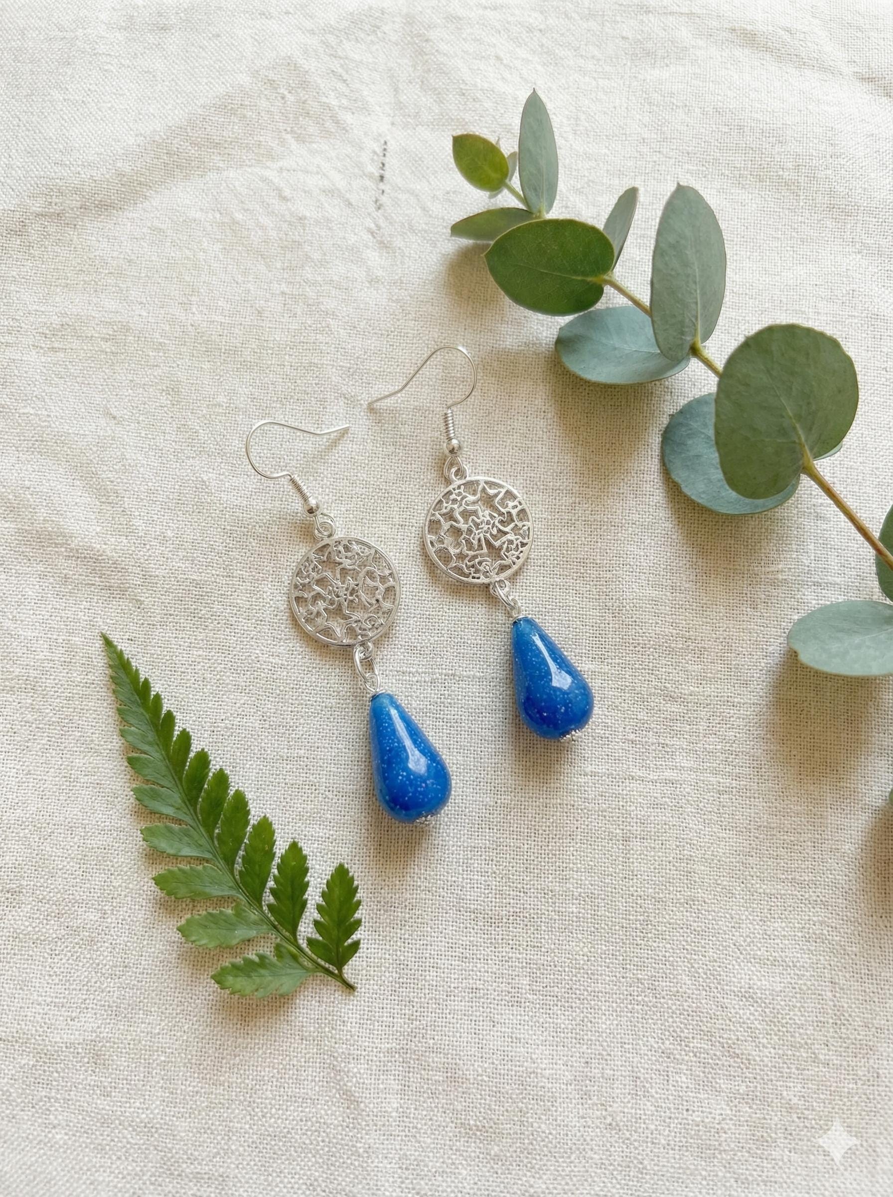 Cobalt Blue Teardrop Polymer Clay Earrings – Silver-Plated Hooks, Handmade