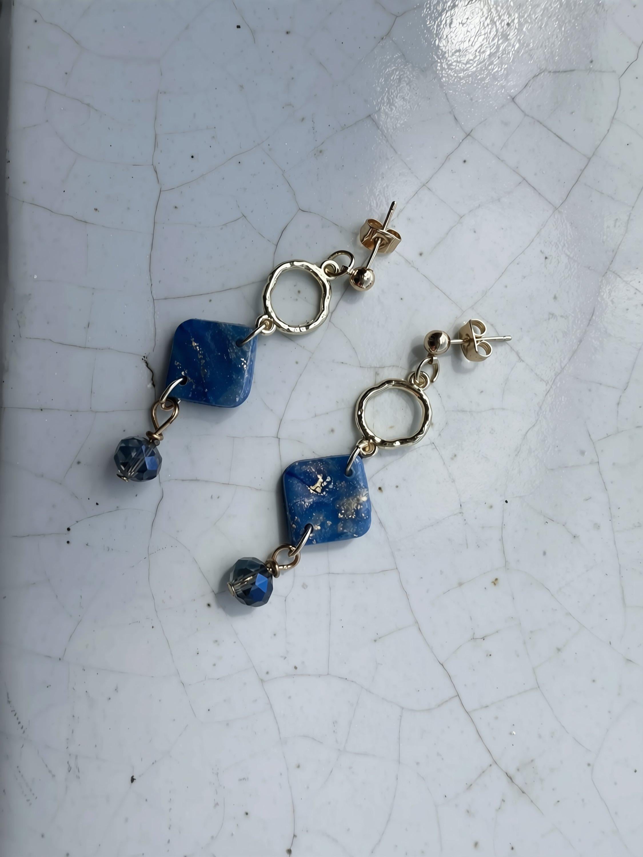 Blue Faux Stone & Gold Flake Crystal Drop Earrings – Handcrafted Boho Luxe