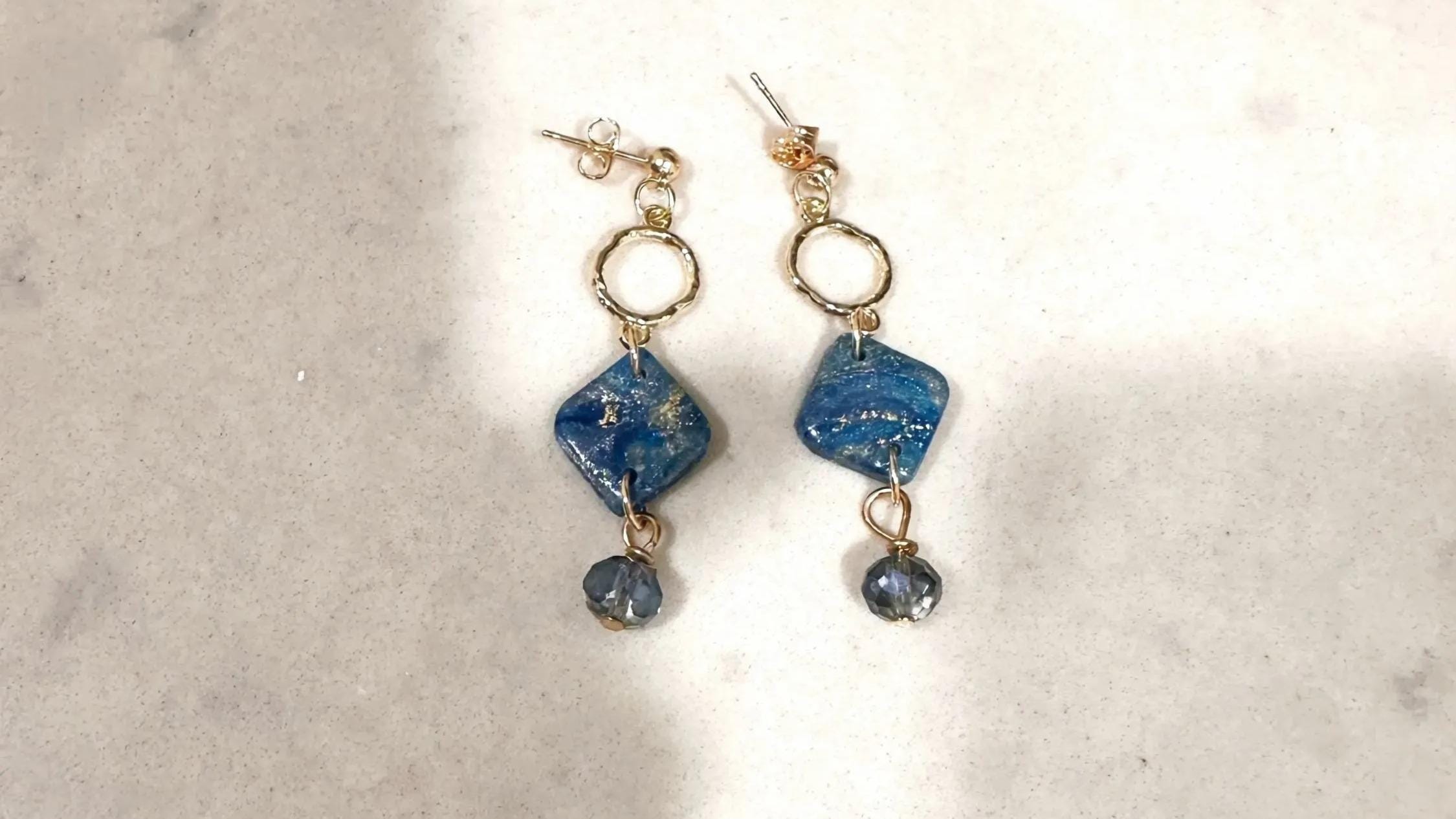 Blue Faux Stone & Gold Flake Crystal Drop Earrings – Handcrafted Boho Luxe