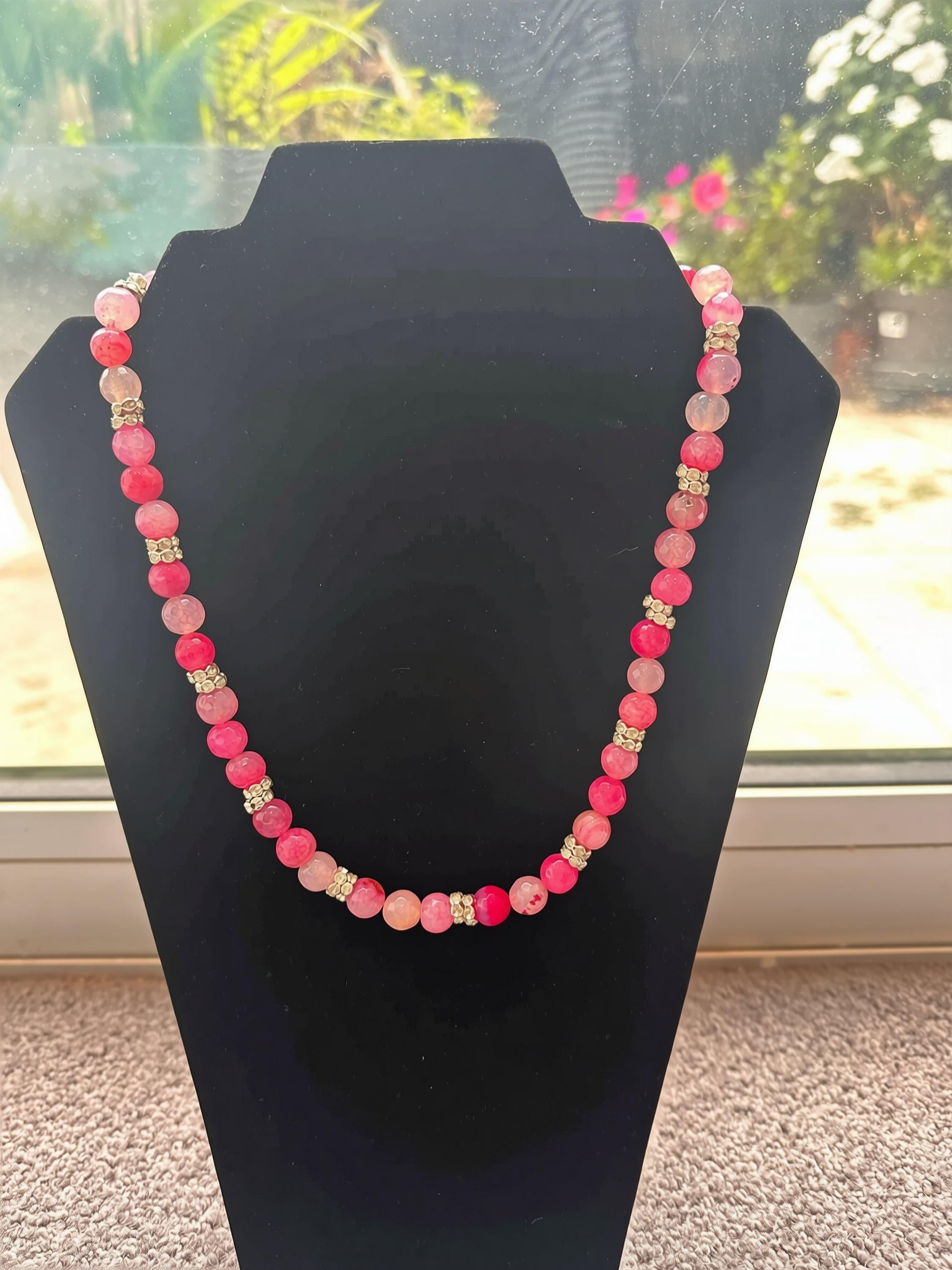 Pink Agate Beaded Necklace, Silver Rhinestone Spacers (Handmade Boho, 54cm)