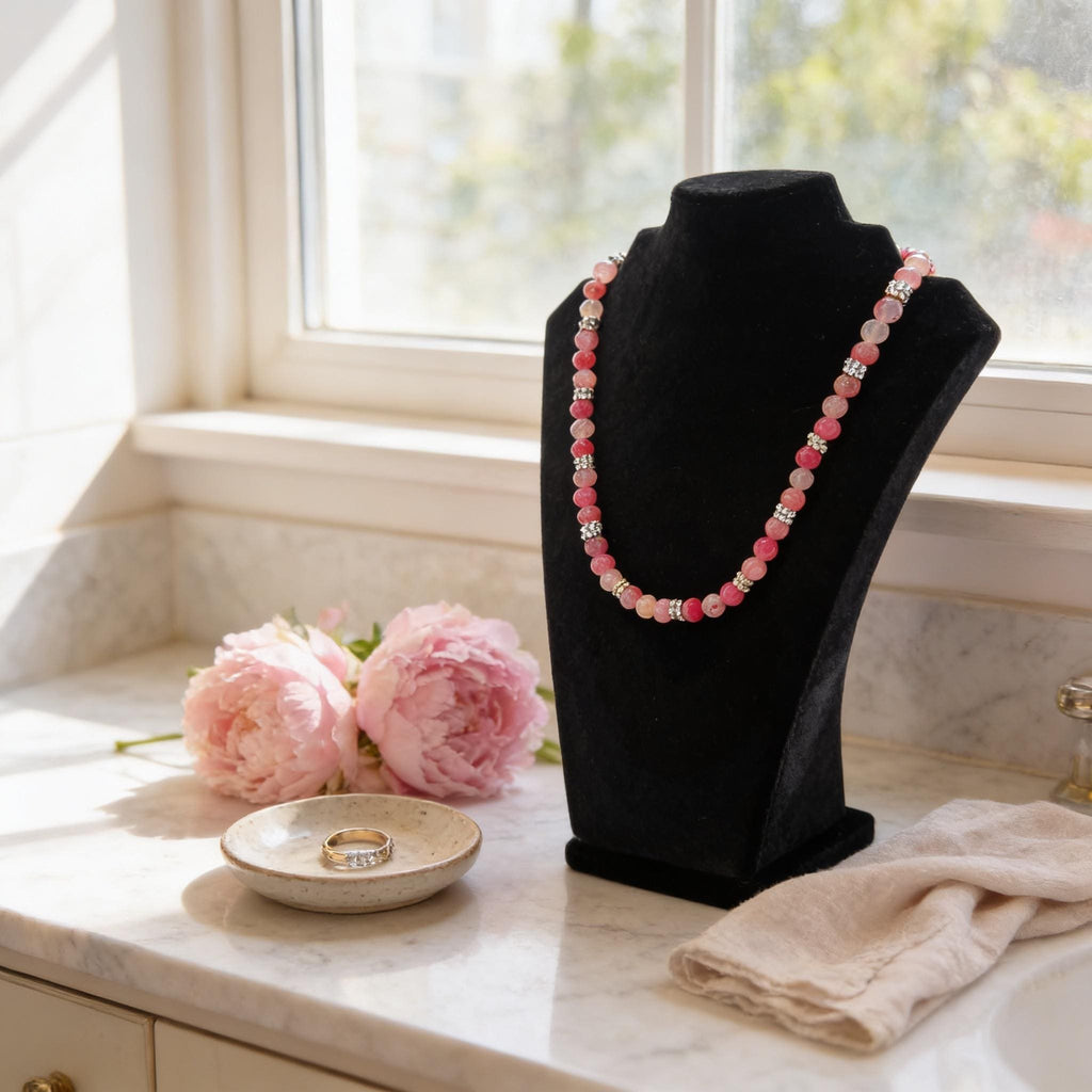 Pink Agate Beaded Necklace, Silver Rhinestone Spacers (Handmade Boho, 54cm)