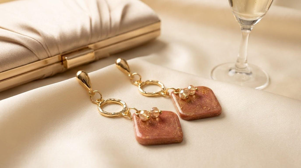 Champagne Gold Polymer Clay Earrings - Gold Crystal Drop Design