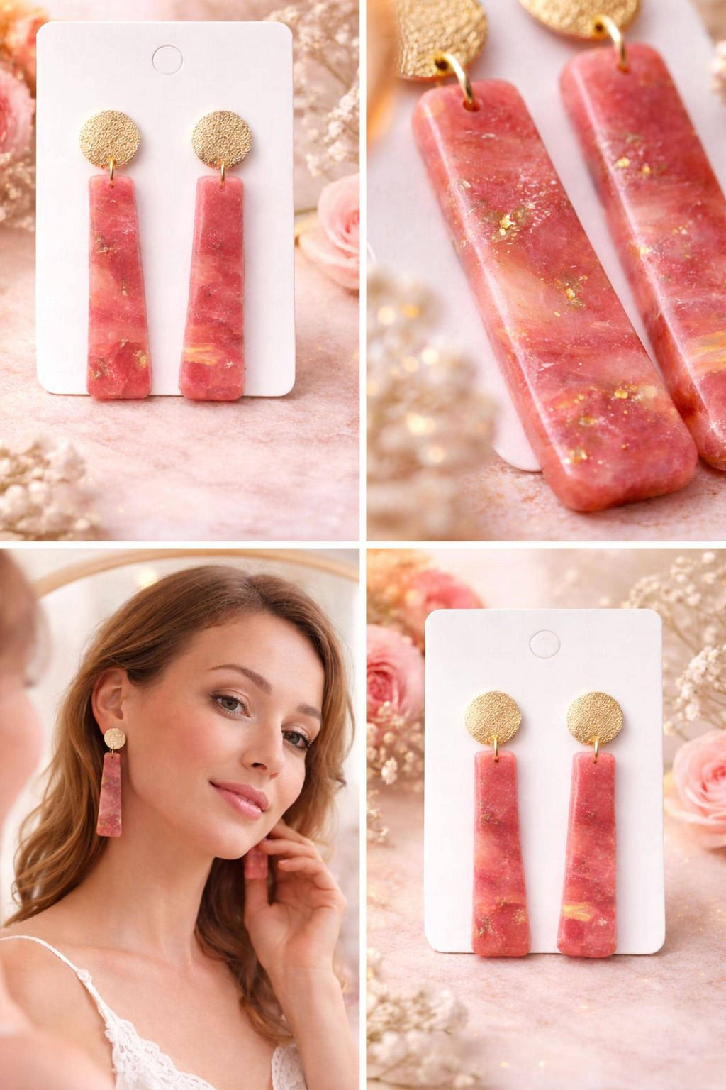 Rose Pink Marble Polymer Clay Drop Earrings | Gold Filled Textured Studs, Statement Jewellery