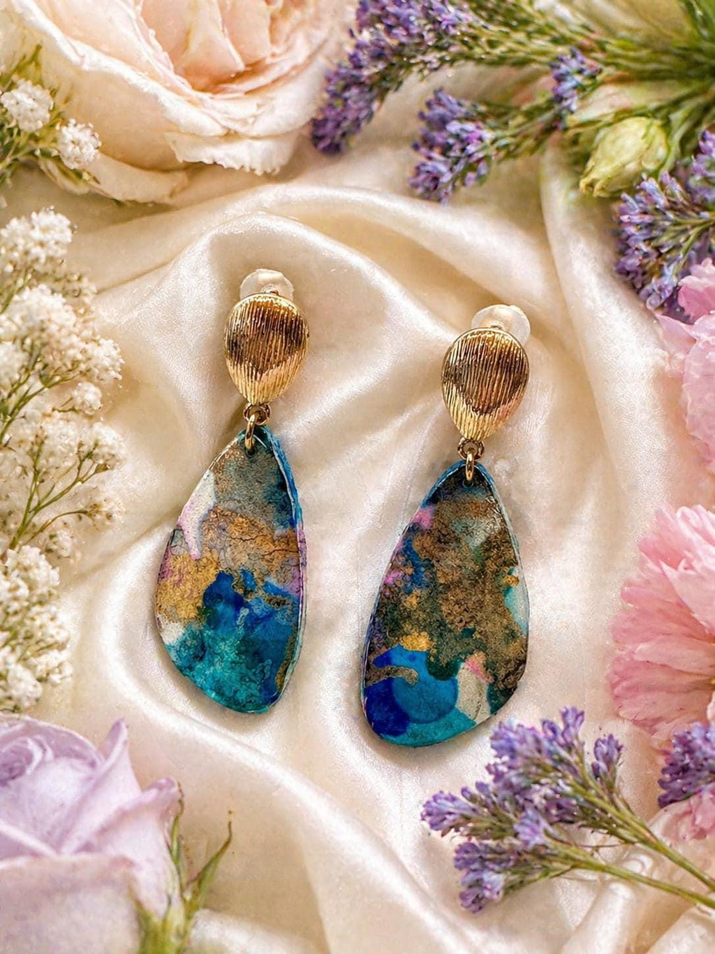 Alcohol Ink Teardrop Polymer Clay Drop Earrings – Gold-Filled Studs, Handmade