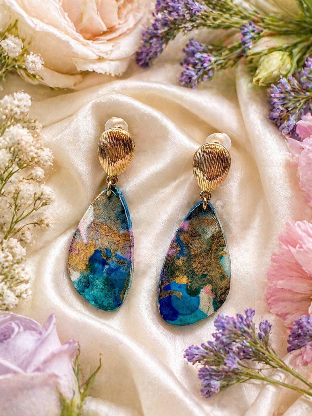 Alcohol Ink Teardrop Polymer Clay Drop Earrings – Gold-Filled Studs, Handmade