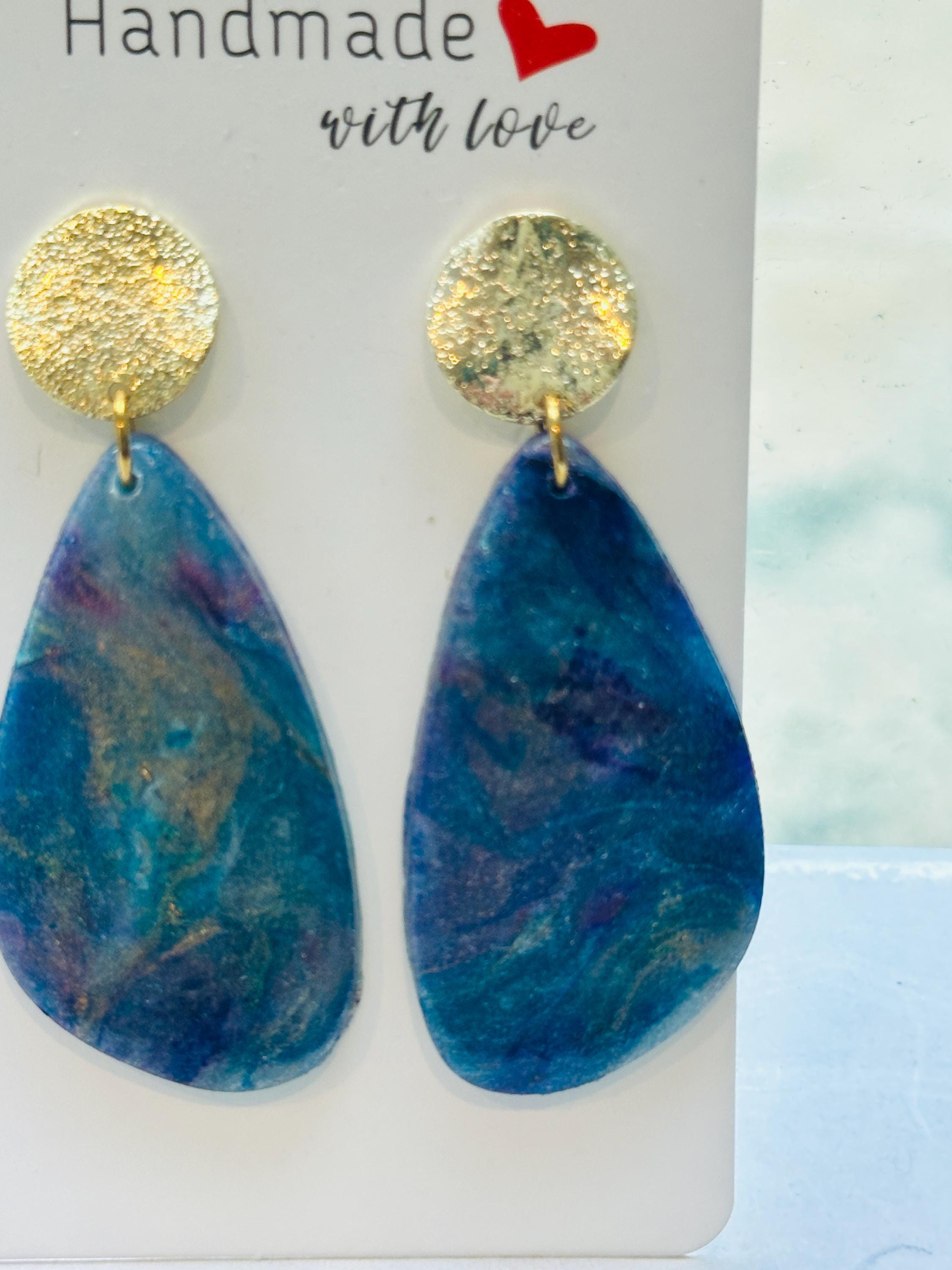 Blue, Purple & Gold Alcohol Ink Teardrop Polymer Clay Earrings – Gold-Filled Hammered Studs, Handmade