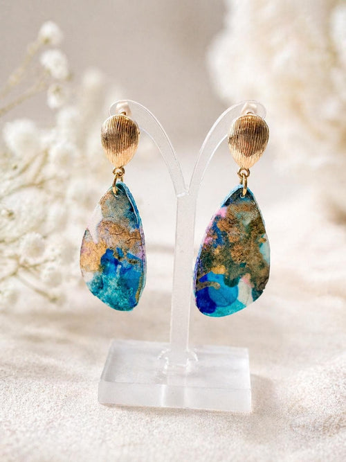 Alcohol Ink Teardrop Polymer Clay Drop Earrings – Gold-Filled Studs, Handmade