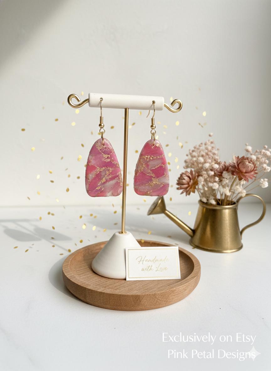 Pink Marble Polymer Clay Dangle Earrings – Gold-Filled Shepherd Hooks, Handmade