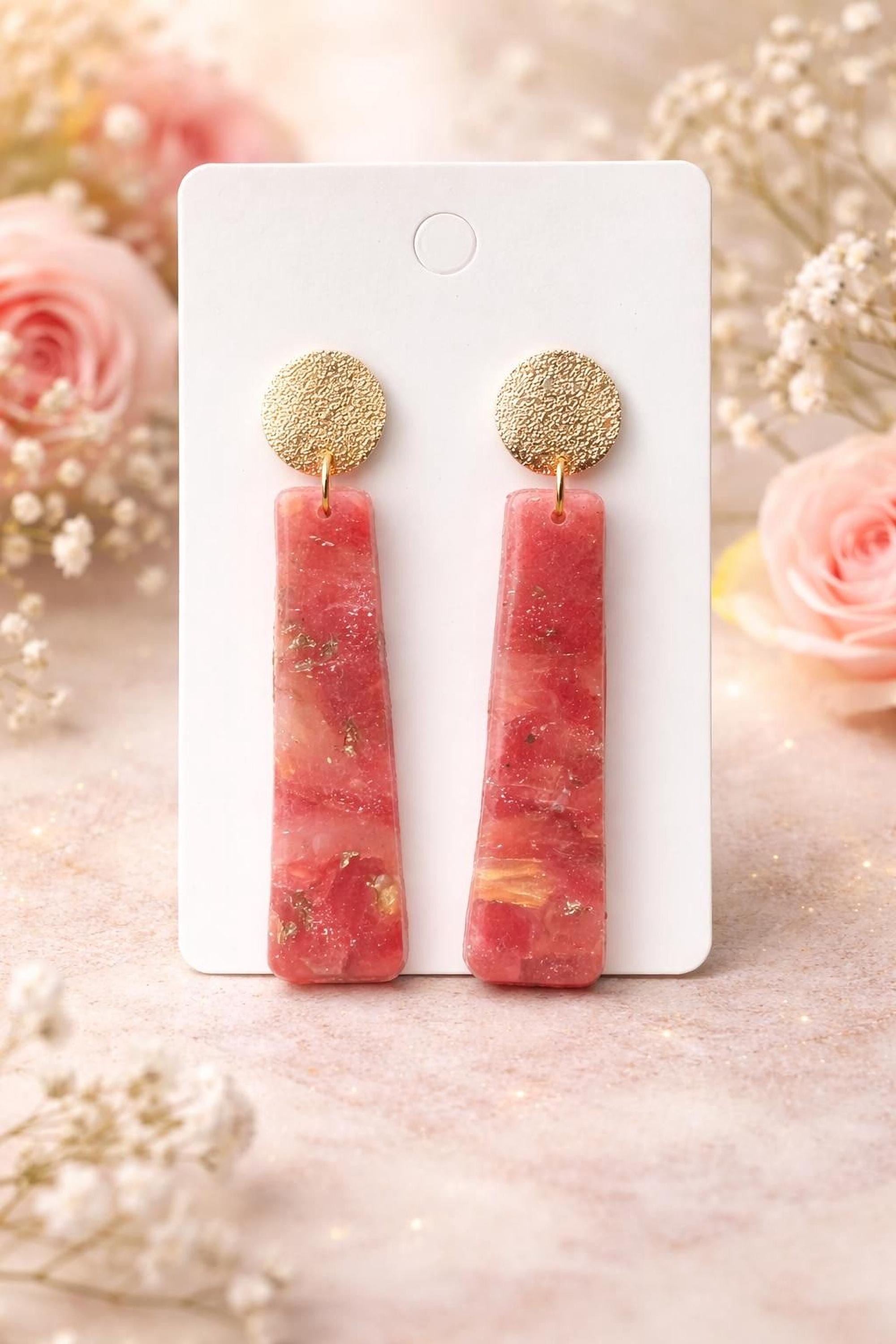 Rose Pink Marble Polymer Clay Drop Earrings | Gold Filled Textured Studs, Statement Jewellery