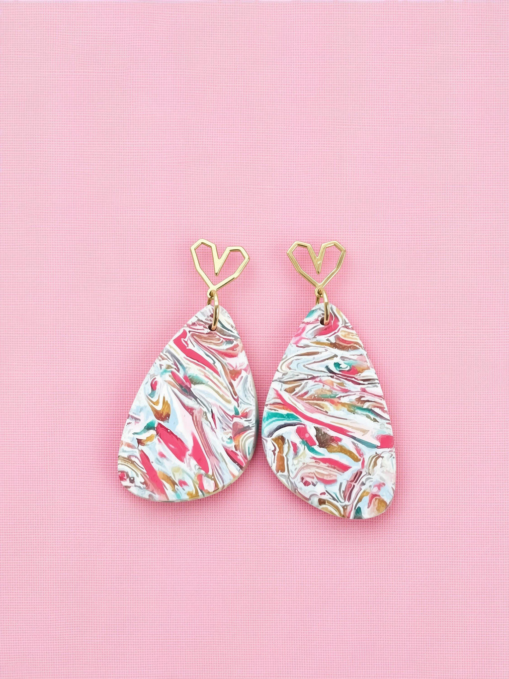 Colourful Marbled Teardrop Polymer Clay Earrings – Gold-Filled Studs, Handmade