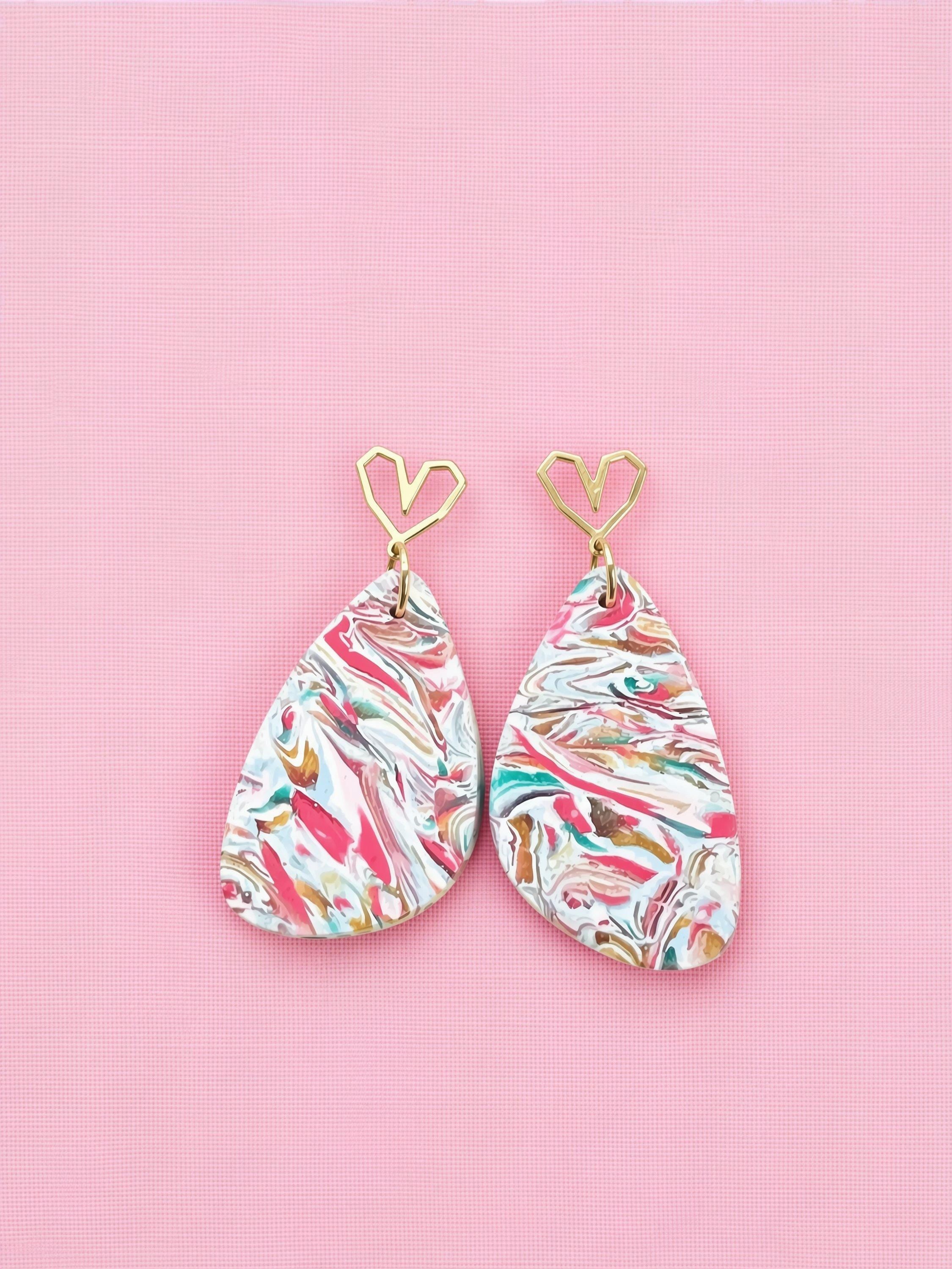 Colourful Marbled Teardrop Polymer Clay Earrings – Gold-Filled Studs, Handmade