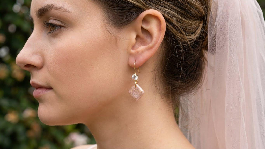 Champagne Diamond-Shape Polymer Clay Drop Earrings – Gold-Filled Hooks, Handmade