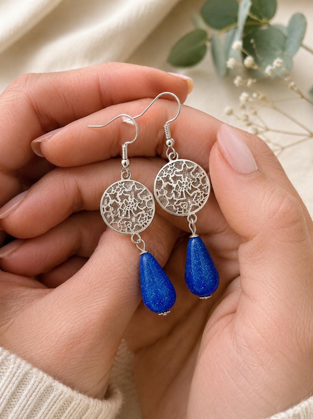 Cobalt Blue Teardrop Polymer Clay Earrings – Silver-Plated Hooks, Handmade