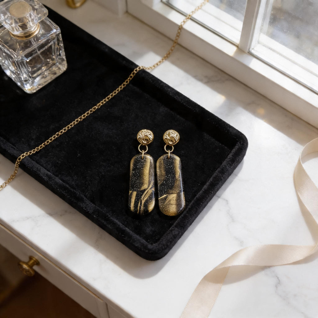Black & Gold Polymer Clay Drop Earrings – Hammered Gold-Filled Studs, Handmade