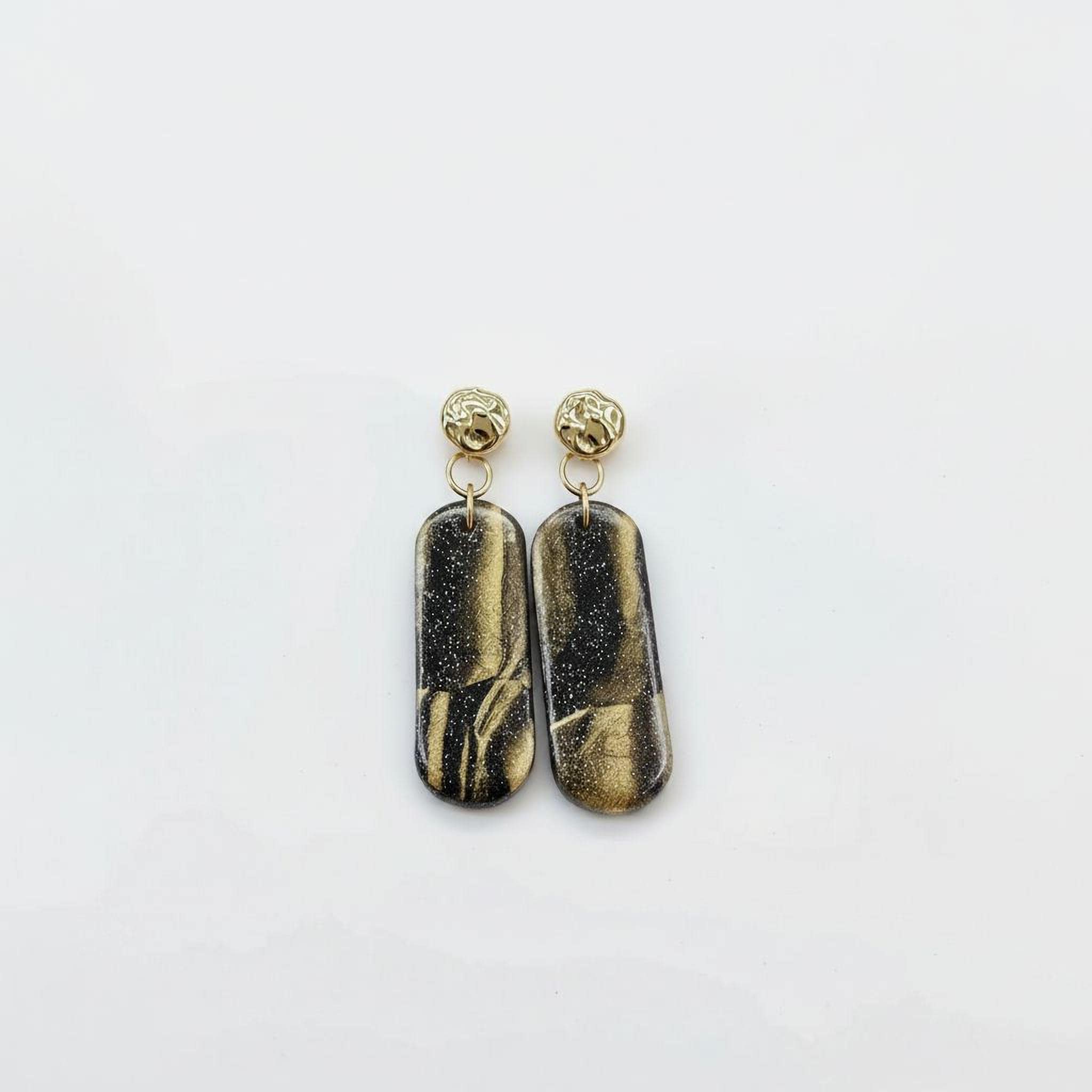 Black & Gold Polymer Clay Drop Earrings – Hammered Gold-Filled Studs, Handmade