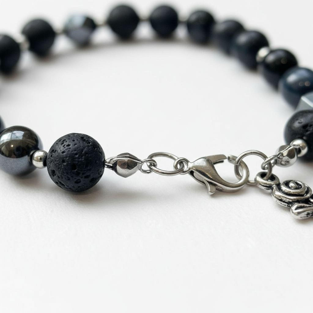 Protection Bracelet: Cat Eye, Hematite, Obsidian, Lava Stone, Black Silver Beads