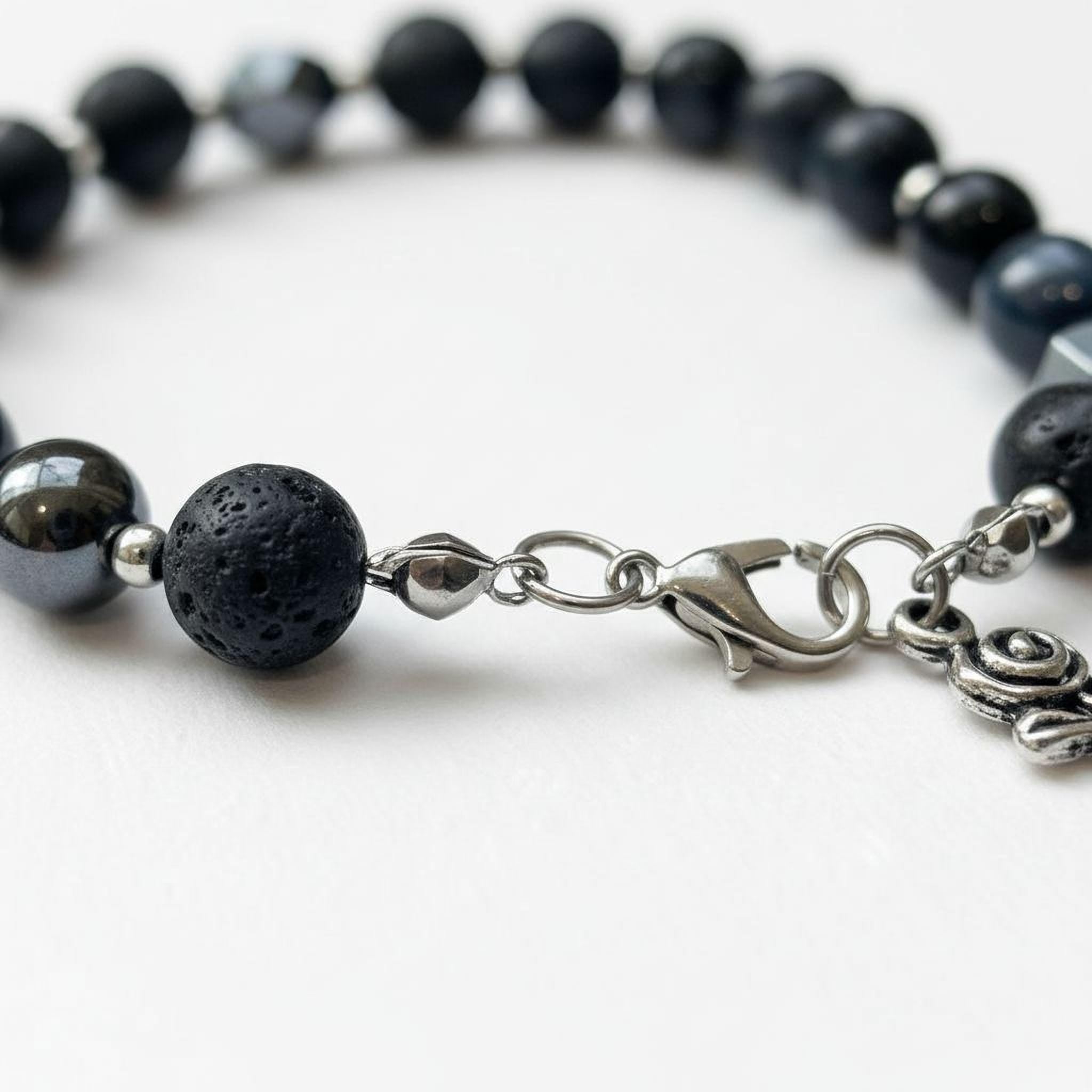 Protection Bracelet: Cat Eye, Hematite, Obsidian, Lava Stone, Black Silver Beads