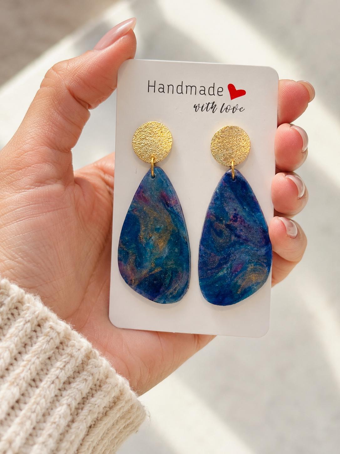 Blue, Purple & Gold Alcohol Ink Teardrop Polymer Clay Earrings – Gold-Filled Hammered Studs, Handmade