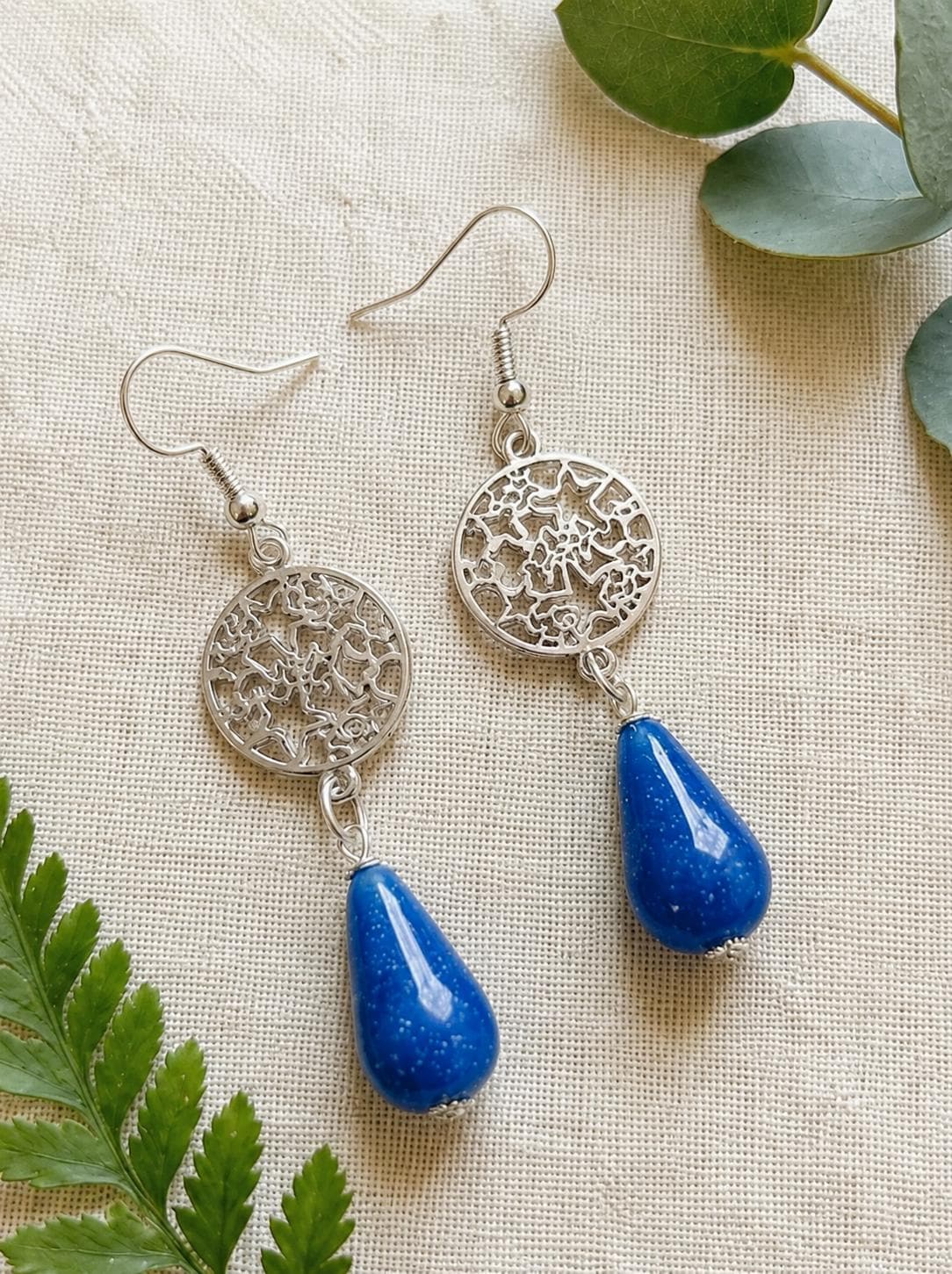 Cobalt Blue Teardrop Polymer Clay Earrings – Silver-Plated Hooks, Handmade