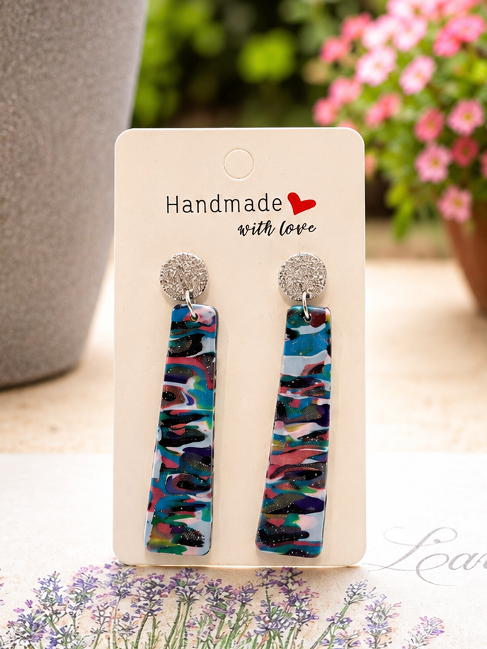 Handmade Multicolour Polymer Clay Earrings | Hammered Silver Stud Dangles | Lightweight Statement Earrings | Colourful Artisan Jewellery