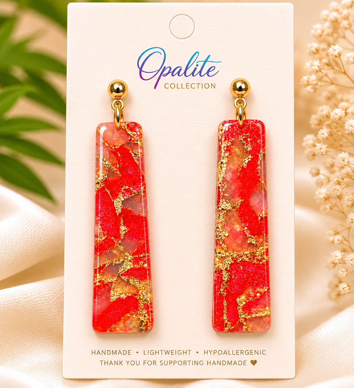Coral Flame & Gold Leaf Bar Earrings | Handmade Polymer Clay