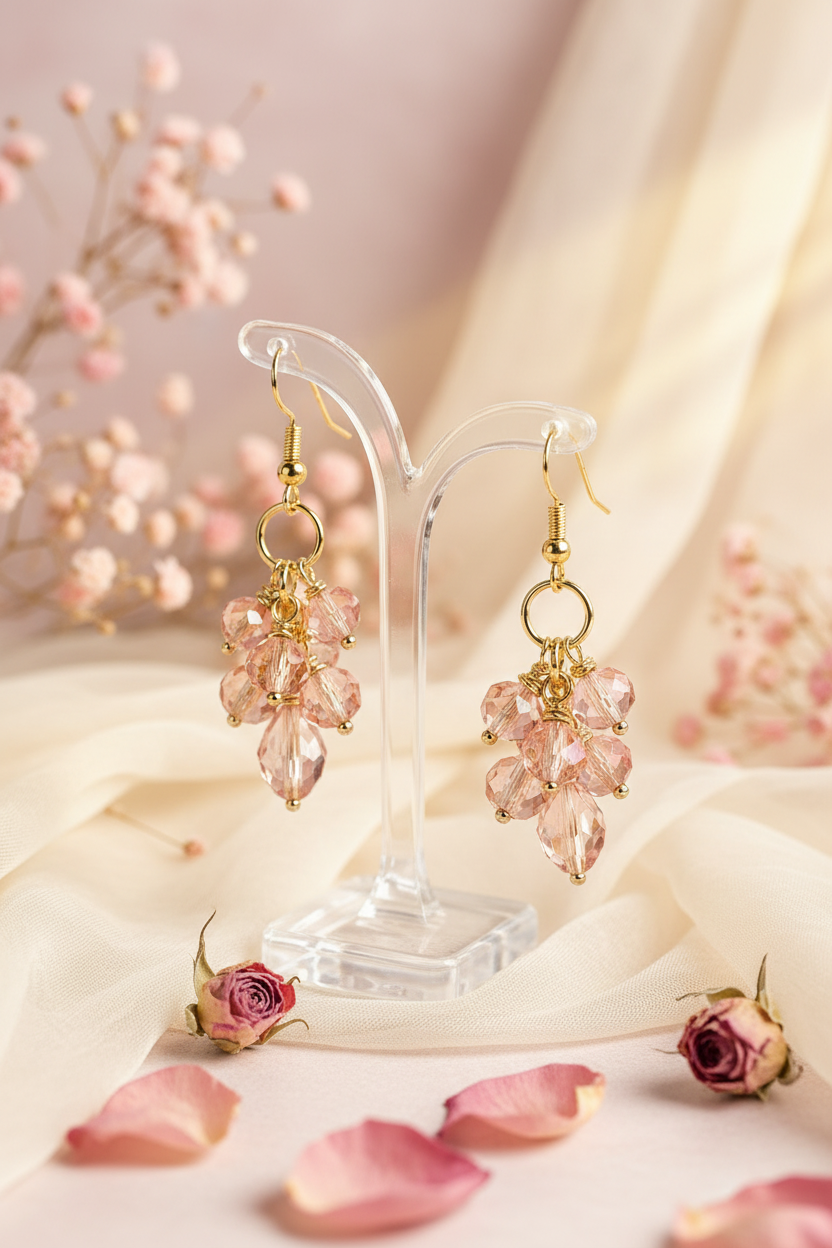 Pink Crystal Cluster Dangle Earrings – Gold Detail
