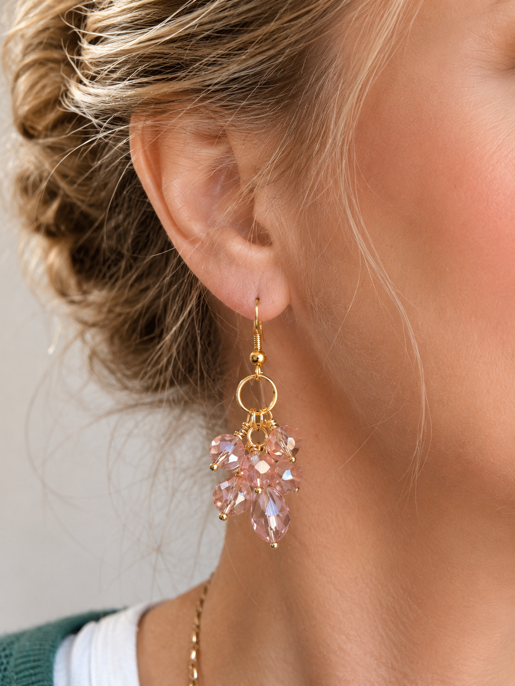 Pink Crystal Cluster Dangle Earrings – Gold Detail