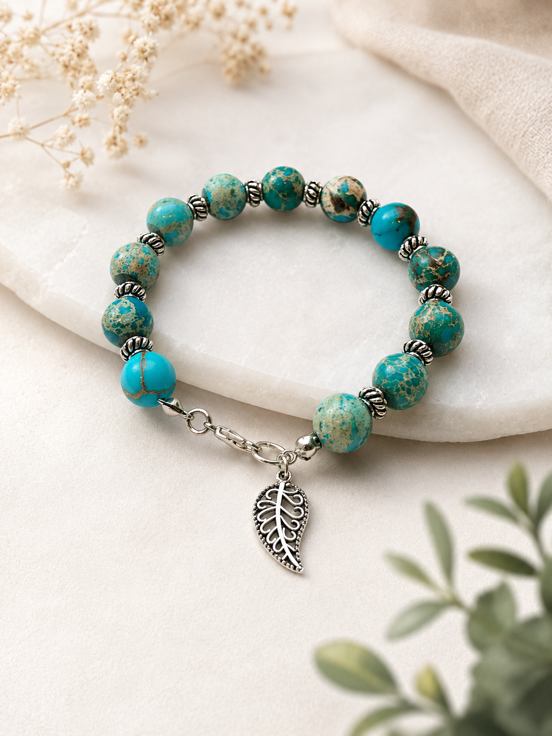 Natural Sea Jasper Bead Bracelet with Silver Spacers