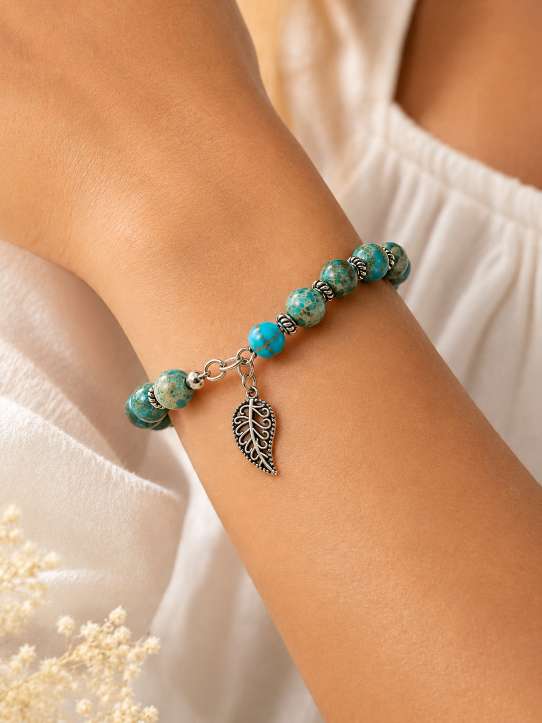Natural Sea Jasper Bead Bracelet with Silver Spacers