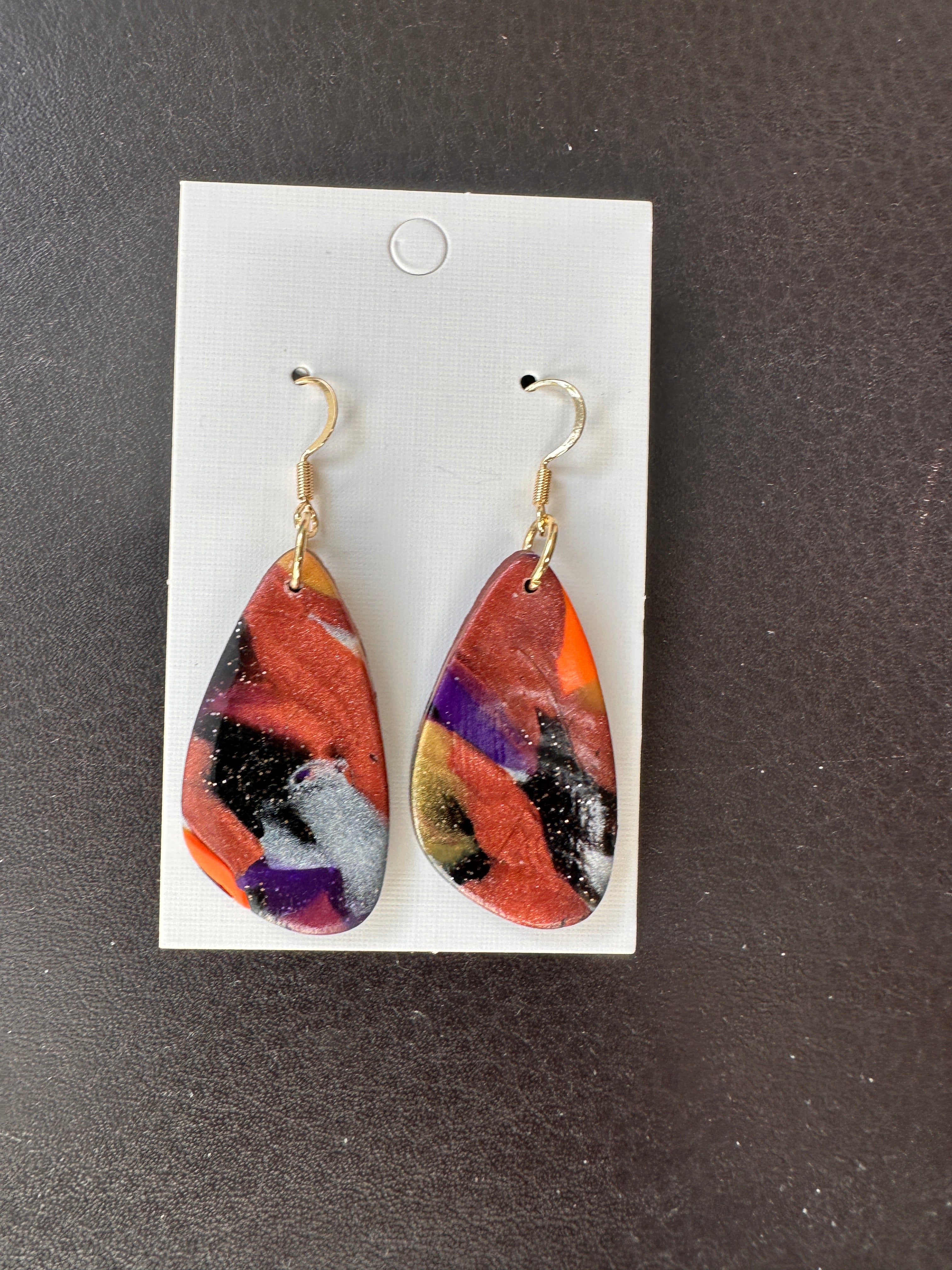 Handmade Polymer Clay Mosaic Ember Teardrop Earrings in Gold