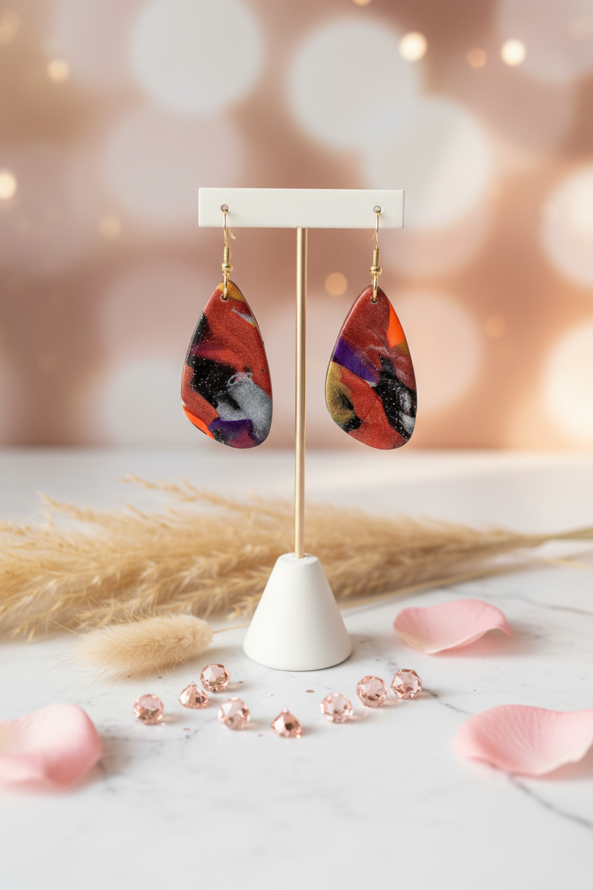 Handmade Polymer Clay Mosaic Ember Teardrop Earrings in Gold