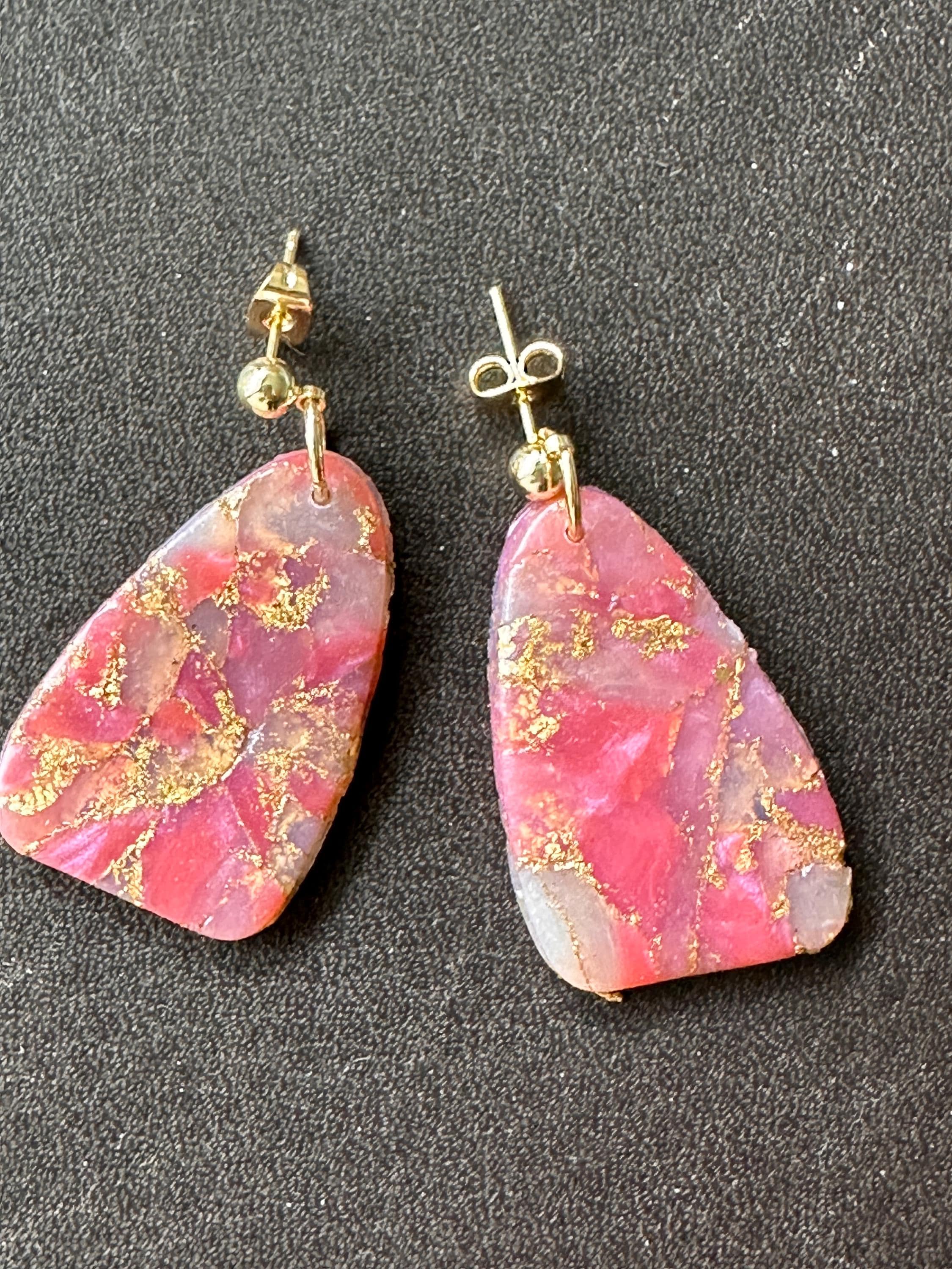 Pink Marble & Gold Leaf Polymer Clay Stud Earrings – Gold-Filled Posts, Handmade